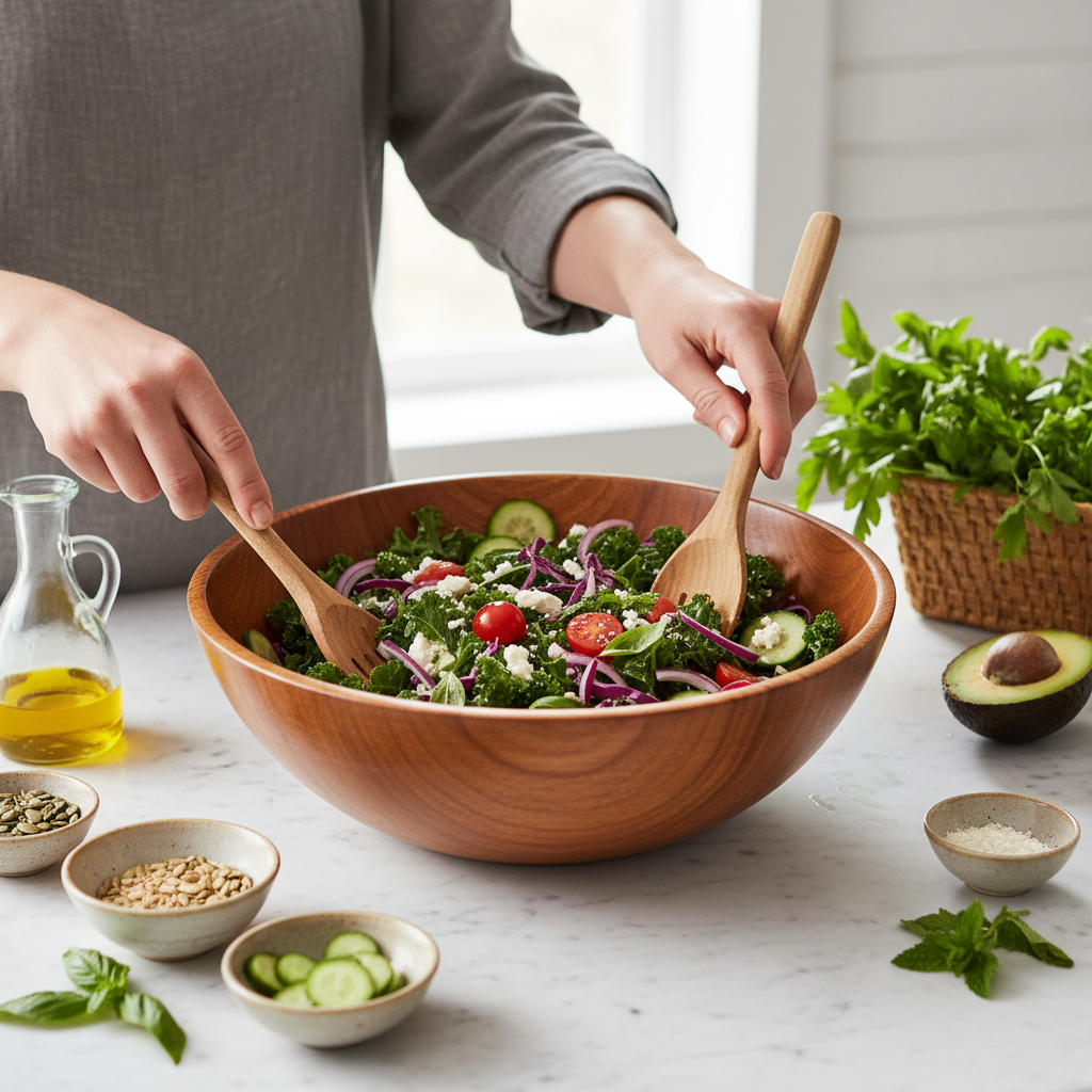 Manos preparando una ensalada con ingredientes orgánicos