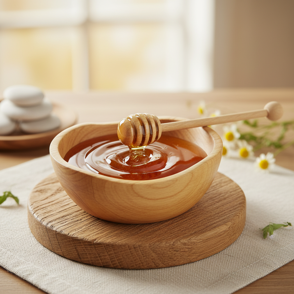 Miel orgánica en un recipiente de madera