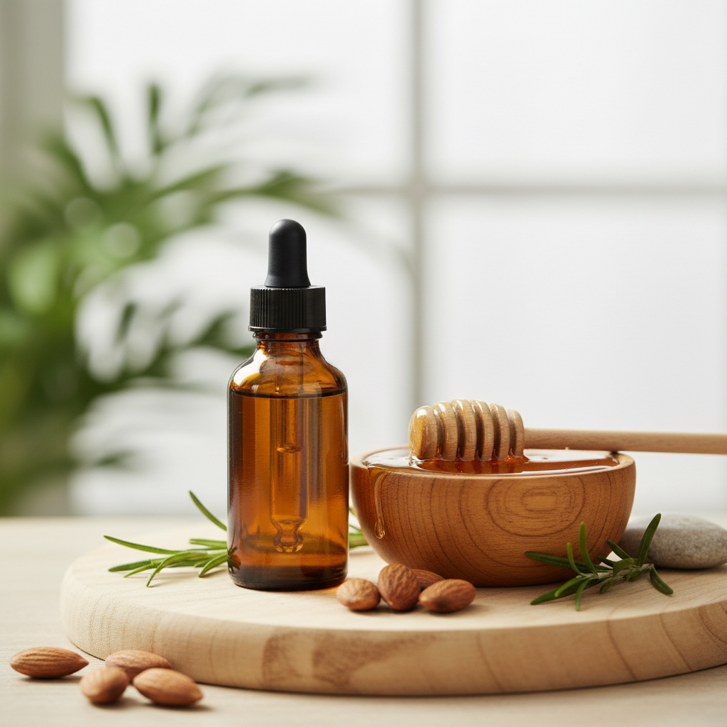 Aceite esencial en frasco de vidrio oscuro